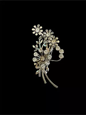 Vintage Silver Tone Clear Glass Rhinestone Flower Bouquet Brooch~Pin • $18