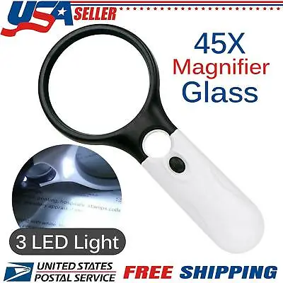 $6.39 • Buy 45X Handheld Magnifying Glass With 3 LED Light Magnifier Jewelry Loupe Lens