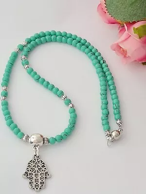 Turquoise Colour Glass Bead 18inch Necklace With Hand Of Fatima Pendant • £4.99