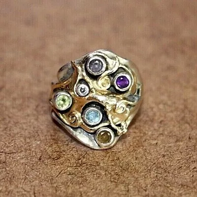 HTF Hagit Gorali Sterling Silver & 14k Gold Multi-Stone Ring Size 5.5 [062WEI] • $179.99