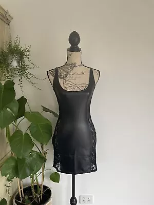 Sexy Goth Black Wetlook Handmade Faux Leather Latex Lace Mini Dress Lingerie • $45