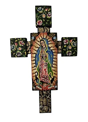VIRGIN GUADALUPE Cross With Milagros ExVotos Cross XLG 18” Mexican Folk Art • $88