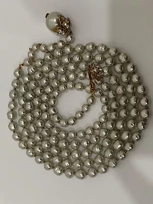 Sign Miriam Haskell Huge Silver Pearls Baroque Rhinestone Necklace Jewelry 60” • $158.01