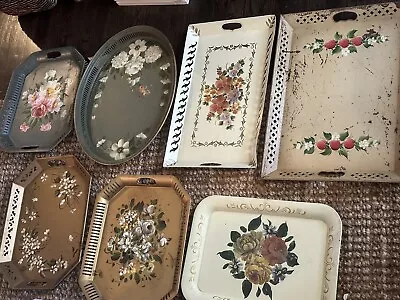 VINTAGE Collection Of 7 METAL SERVING TRAY HAND PAINTED FLORAL • $125