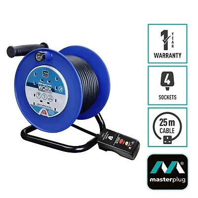 Extension Reel RCD 25m Lead 4 Gang Sockets Open Cable Handle Blue - Masterplug • £38.99