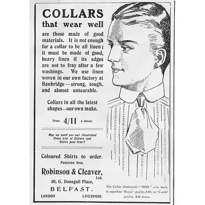 ROBINSON & CLEAVER LTD Shirt Collars Edwardian Advertisement #1 1910 • £6.99