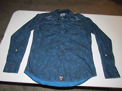 Rock 47 Wrangler Men's Black Blue Floral Snap Button Up Western Shirt Size L • $7.99