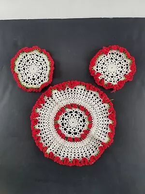 9  Christmas Themed Hand Crochet Lace Doily White Red Green Vintage Estate  • $11.30