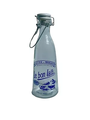 Vintage French Le Bon Lait Pur De Normandie Glass Milk Bottle Clip Ceramic Lid • $20