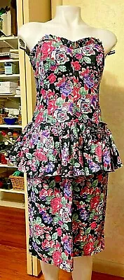 VTG 80s WOMENS Floral Sleeveless Sweetheart Peplum SEXY ACCORDIAN EDGE DRESS-USA • $25.99