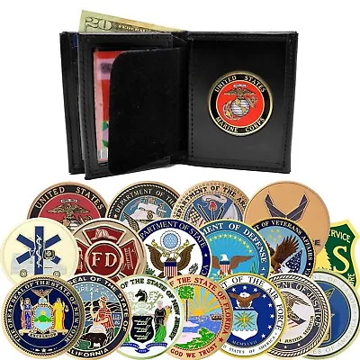 Perfect Fit Leather Bifold Wallet Mens W Medallion Military State Federal Seal • $37.99