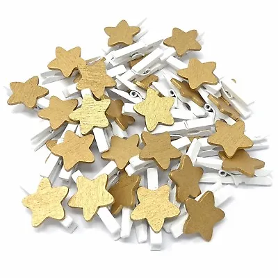 Mini 30mm White Clothes Pegs With 15mm Gold Star Craft Shabby Chic Embellishment • £8.79