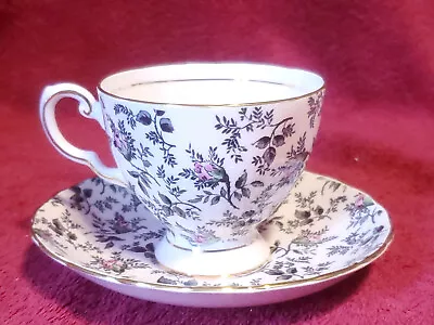 Tuscan Pink -Bone China Tea Cup And Saucer Black Floral Made In England Vintage • $18.81