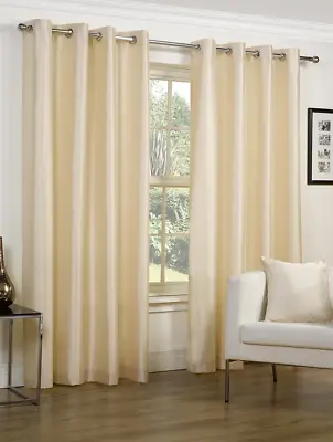 RING TOP PLAIN CREAM  FAUX SILK FULLY LINED READY MADE CURTAINS 65x54 INCHES • £16.99