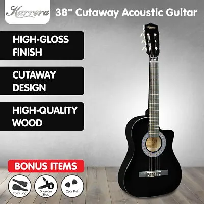 38in BLACK KARRERA ACOUSTIC GUITAR WITH PICK GUARD STEEL STRING BAG • $62