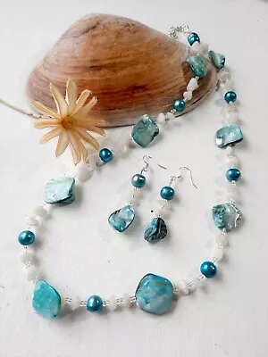 Blue Abalone Shell Beaded And White Quartz Stone Necklace & Earrings Blue Pearl • $2.99