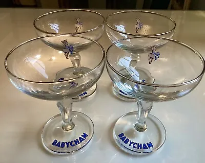 Four Rare Early 1950 Babycham Glasses White Deer Blue Bow Logo Tulip Stem Lot 4 • £34