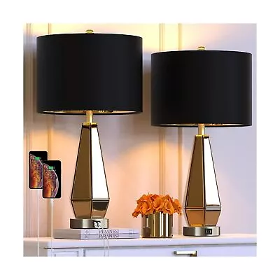 Hamucd Set Of 2 Mirrored Glass Bedside Table Lamps With 2 USB Ports For Bedro... • $131.04