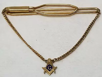 Masonic Tie Bar Clip Chain Gold Color Metal Blue Enamel G Square Compass • $12.95