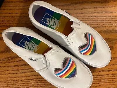 Vans Slip On Shoes Women's 7 White Canvas Rainbow Pride Heart Glitter Sneakers • $15