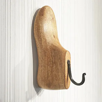 Vintage Acacia Wood Shoe Form With Black Iron Wall Hook - Decor Wall Hanging • $27.99