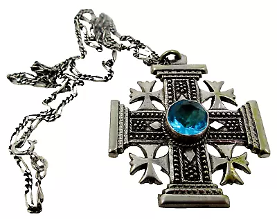 Vintage 900 Sterling Silver Jerusalem Maltese Cross Blue Stone Pendant Necklace • $64.99