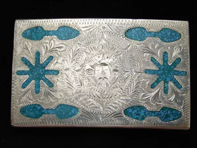 OB11175 VINTAGE 1970s **MAYAN CALENDER** TURQUOISE SOUTHWESTERN DESIGN BUCKLE • $30