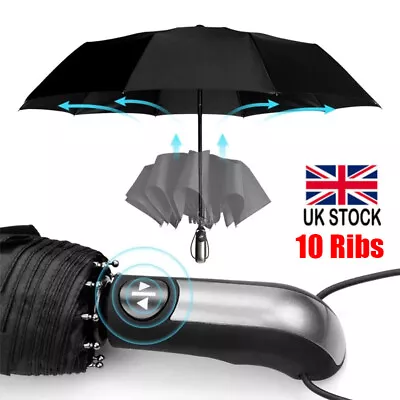 10 Ribs Strong Automatic Umbrella Auto Open Close Travel Compact Folding Black • £8.27