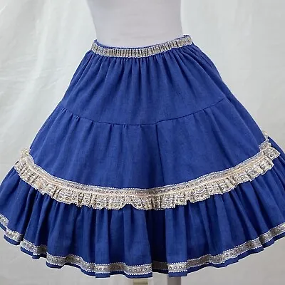 Square Dance SKIRT Blue Tiered Gold White Lace Trim Vintage  • $36