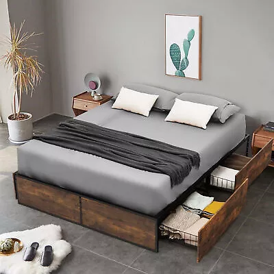 Full Industrial Metal Platform Bed Frame With 4 Drawers Wooden Footboard • $168.99