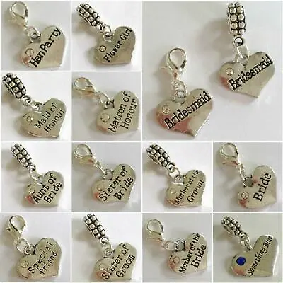 £2.99 • Buy Personalised WEDDING Heart Dangle Charm Beads ~ CLIP ON Or BAIL Fittings
