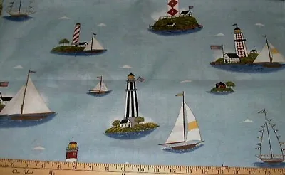 CRANSTON Fabric - WARREN KIMBLE - COASTAL SCENE - Sailboats & Lighthouses - BTHY • $4.95