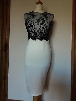 AX Paris Ivory Fitted Stretch Pencil Dress With Black Lace Top.  Size 8 • £12.99
