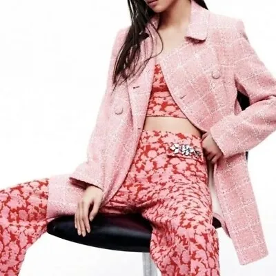 Zara Textured Plaid Pink White Blazer Jacket Coat Double Breasted Long Medium • $115