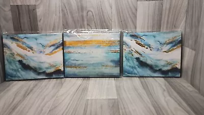 Wall Art Set Of 3 Unframed CANVASES ABSTRACT In VIBRANT BLUES • $25.99