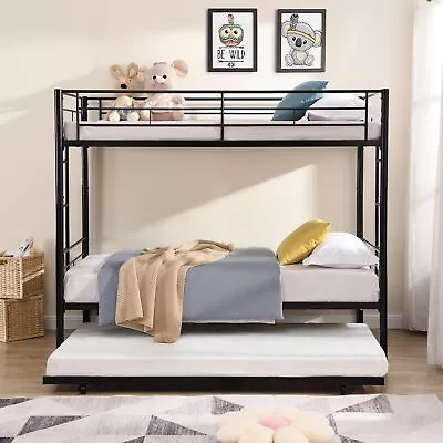 Twin Over Twin Metal Bunk Bed Frame With 2 Ladders And Twin Size Trundle Black • $274.29