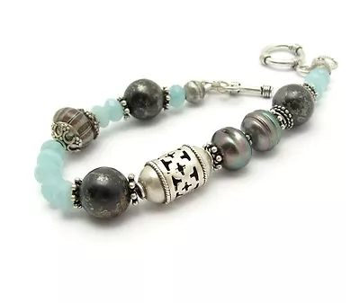 Sterling Silver Bracelet Boho Quartz Pearls Lampwork Moroccan Bead Exotic Mix • $54