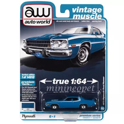 Autoworld Aw64352 Awsp096 B 1973 Plymouth Roadrunner 1/64 Basin Street Blue • $7.90