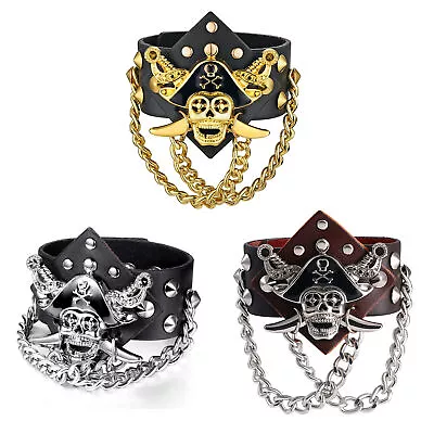 Mens Spike Rivet Skull Head Chain PU Wide Leather Band Bracelet Wristband Cuff • $10.99