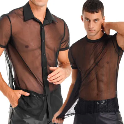 Men's See Through Mesh Short Sleeve Shirts Tops Clubwear Party Raves Undershirts • £8.39