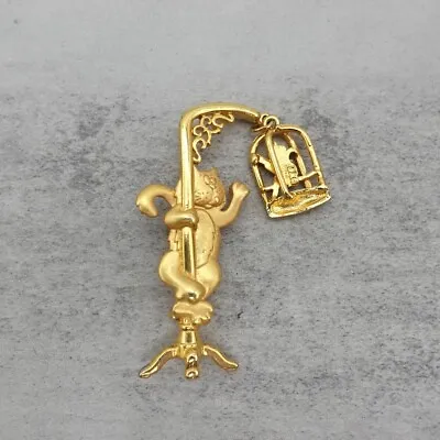 $14.99 • Buy Vintage JJ Brooch Cat Playing With Bird In Cage Gold Tone Pin 2.75 Inch Jewelry