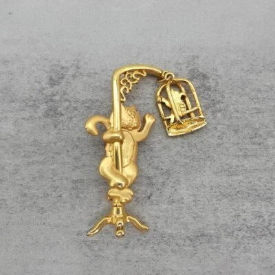 $14.99 • Buy Vintage JJ Brooch Cat Playing With Bird In Cage Gold Tone Pin 2.75 Inch Jewelry
