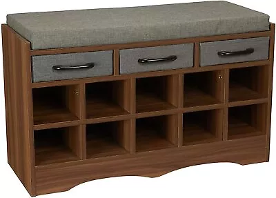 Brown Wooden Storage Bench Gray Cushion 3 Bins Shoe Cubbies Entryway Mud Room • $148.90