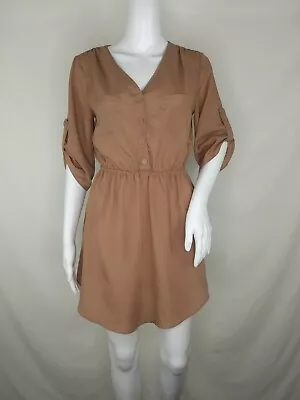 Mimi Chica Dress Small  Brown Beige Sheer Short Sleeve   EUC • $24.99