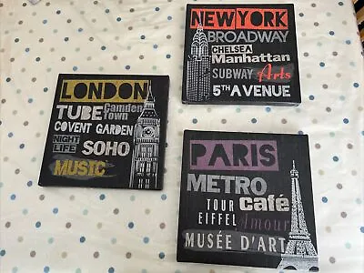 3x Vintage 1999 Modern Square Wall Art Board London Paris New York Canvas • £5