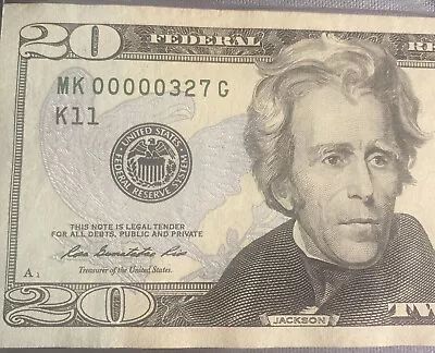 $20 TWENTY DOLLAR BILL Low Serial Number Crisp Look BU 5 In A Row 0’s 00000327 • $99.99