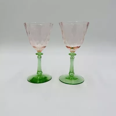 Tiffin Art Glass Diamond Optic Watermelon 5” Uranium Glow Two Pieces Goblets • $95