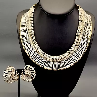 Monet Necklace Earrings Set Vtg Egyptian Revival Bib White Enamel Gold Tone 18  • $99.99