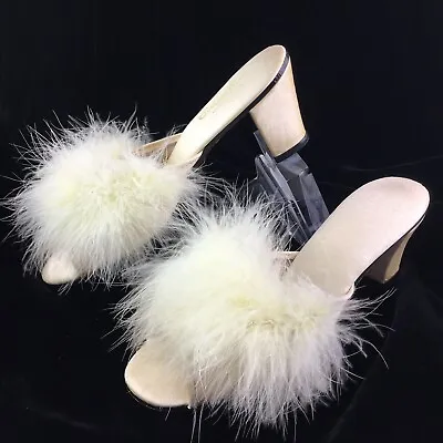 Vintage Satin HOLLYWOOD Glamour Marabou Feathers Boudoir Slippers Bride Size 7 • £48.21