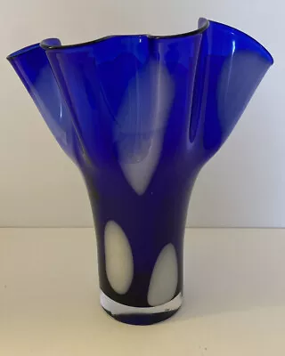 Handkerchief  Vase Cobalt Blue Art Glass White Milk Glass Spots ￼8”x6.5”x3” • $12